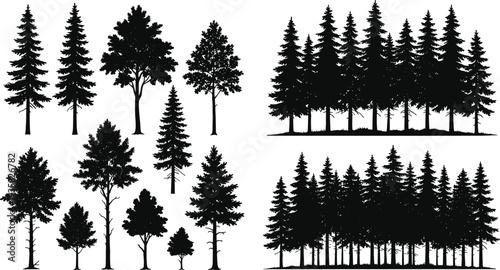 Set of pine forest and woodland tree silhouettes isolated on white background nature landscape vector illustration collection
