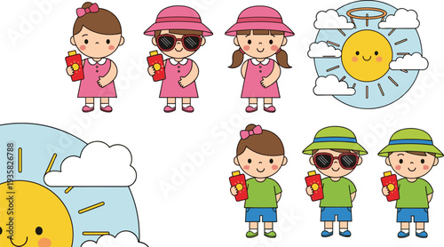 Set of cute cartoon children characters holding sunscreen bottles wearing hats and sunglasses with smiling sun for summer safety protection