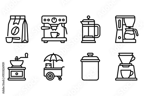 Coffee Making and Accessories Icons in Outline Style