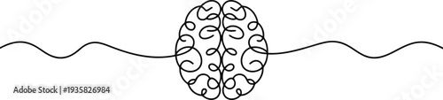A single continuous black line draws the intricate shape of a human brain on a white background