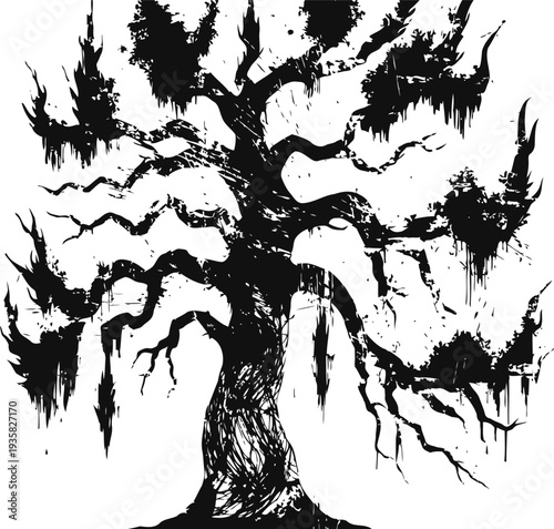 spooky black silhouette tree with twisted branches and hanging moss in eerie