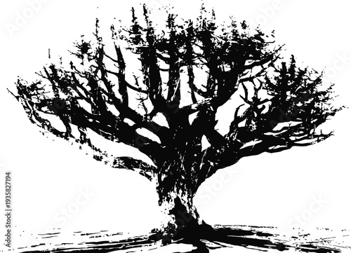 large barren tree silhouette with sprawling branches and textured trunk on white background