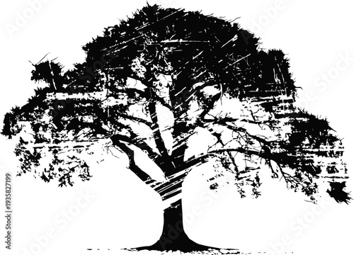 grunge large oak tree silhouette with textured leafy branches and strong sturdy trunk