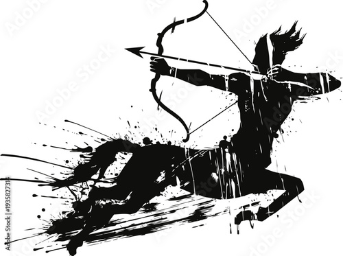 Centaur silhouette archer with bow and arrow in dynamic pose, mythical creature, fantasy illustration