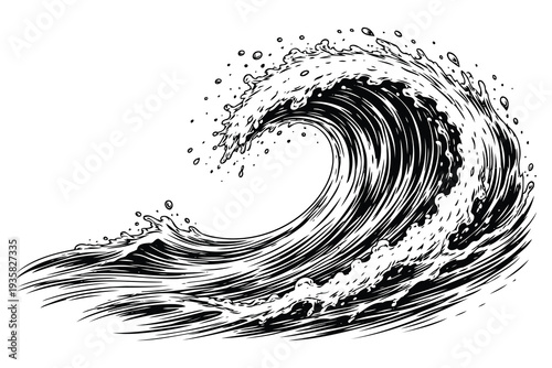 Majestic black and white wave illustration depicting the power of ocean currents