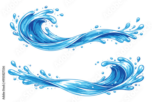 Dynamic waves crashing with splashing water droplets and smooth flow patterns