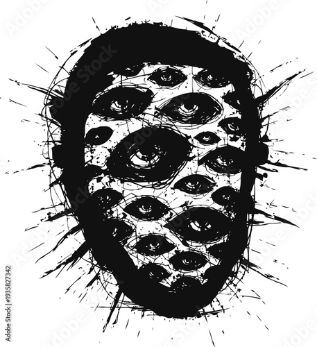 Abstract black mask with multiple eyes and chaotic ink splatters symmetrical design