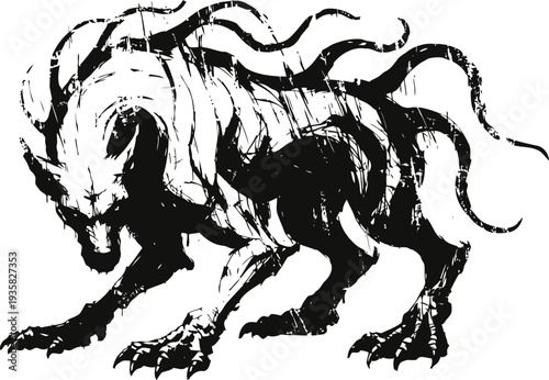 Mythical beast silhouette with sharp claws and tendril like mane in dynamic pose