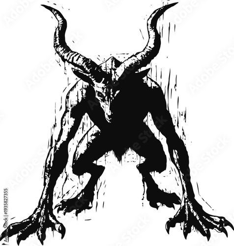 Demonic horned creature crouching with clawed hands and legs silhouette sketch