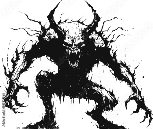 Demonic creature with horns and sharp claws crouching aggressively in dark abstract silhouette