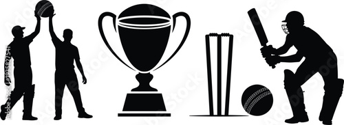 Cricket Players Celebration Trophy Wicket Ball Batsman Silhouette Stock