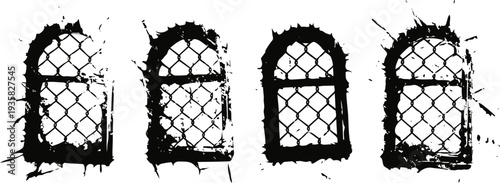 grunge arched windows with wire mesh fence, black and white distressed vector design elements