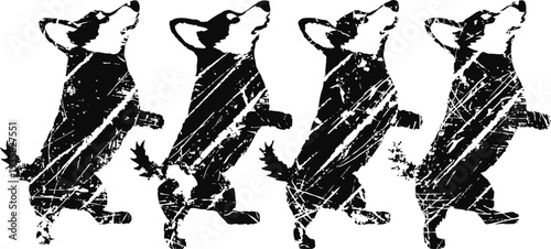 four black and white dachshund dog silhouettes standing and sitting in a row with textured vintage