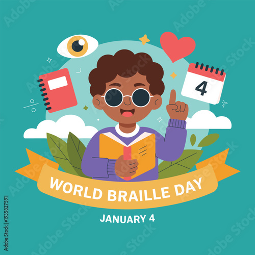 Child Reading Braille Book Celebrating World Braille Day January 4th Flat Design Illustration