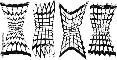 Distorted black grid patterns on white background abstract optical illusion shapes with warped checkerboard design