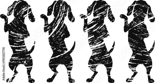 Four black dachshund dog silhouettes standing on hind legs in scratched vintage