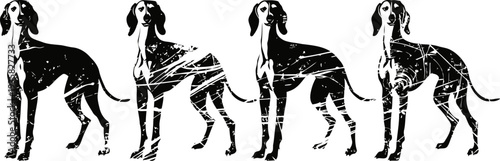 stylized black silhouettes of standing dogs facing different directions on white background