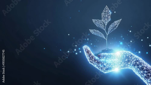 Futuristic digital hand holding glowing plant seedling concept