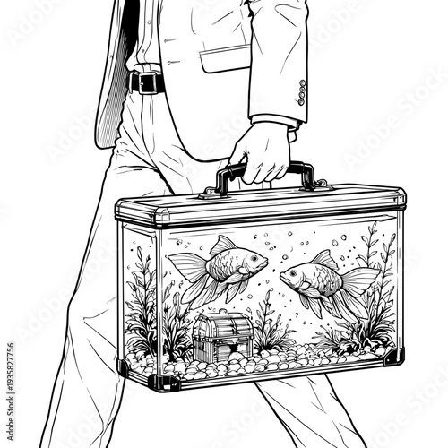 Man in suit carries a briefcase that is actually a fish tank with goldfish and treasure chest