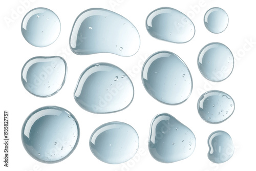 Clear droplets float against a pristine white background.