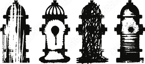 Four black and white grunge fire hydrants in silhouette isolated on white background