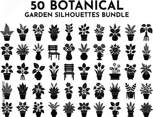 Bundle of botanical garden plant pot silhouettes collection isolated on white background decorative houseplants vector illustration set for design