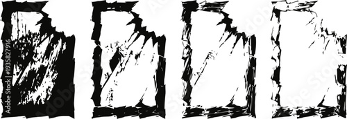 four black and white grunge distressed texture backgrounds with torn edges and rough surfaces