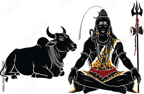 "Black and Orange Lord Shiva Meditative Silhouette Illustration with Nandi, Trident, Snake, and Damaru for Hindu Spiritual Art, Cultural Symbolism, and Religious Iconography Projects"