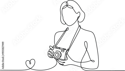 A single continuous line drawing depicts a stylish woman with a camera hanging around her neck looking forward