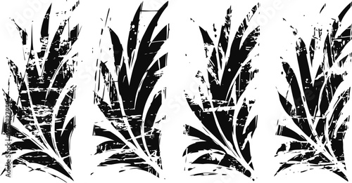 Grungy tropical palm leaves pattern in black exotic nature foliage set