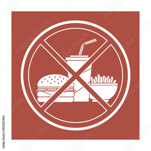 Prohibition symbol combining beverage cup fast food and utensils