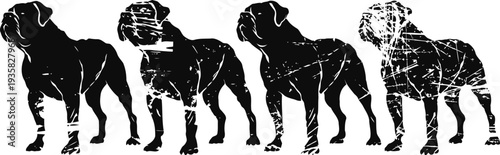 Silhouettes of standing bulldogs showing different poses and cracked texture design