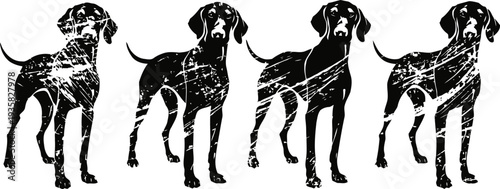 four black playful dogs silhouettes standing side by side with distressed texture effect