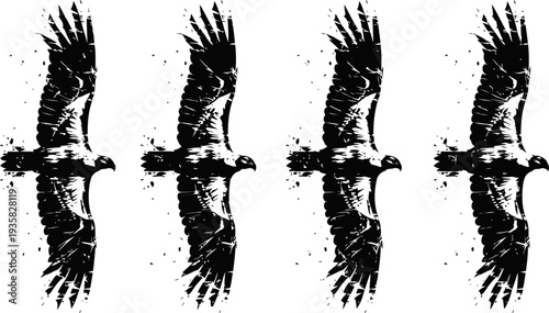 grunge flying eagle illustration in black and white, wing spread, bird of prey silhouette