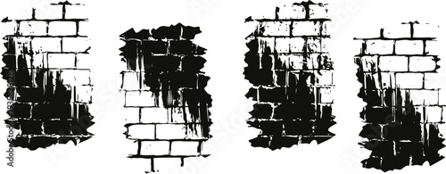 Four black grunge paint blotches on white brick wall with rough uneven edges and peeling paint texture
