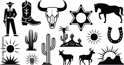  Wild west silhouette icon set featuring cowboy, sheriff star, bull skull, horse, cactus, desert sun, horseshoe, and rustic frontier elements for graphic design.