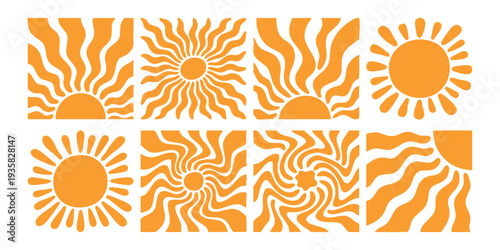 Abstract retro groovy orange sun and sunburst shapes set in psychedelic wavy style vector illustration