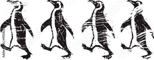 vintage black and white penguin silhouettes in walking poses with textured grunge effect