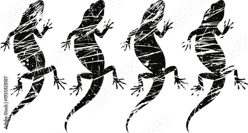 four black lizard silhouettes in motion, reptile shadow figures crawling on white background