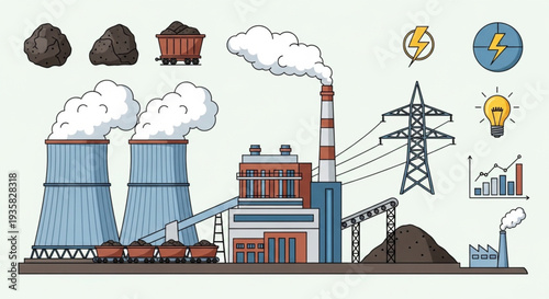 Coal power plant with cooling towers and smoke stacks.