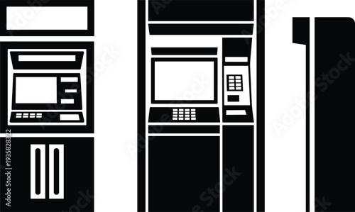 ATM Machine Icons Black and White Financial Services Cash Dispenser Self-Service Banking Technology