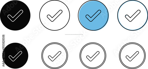 Set of black white and blue checkmark icons for verified account status approval validation quality assurance and successful task completionv