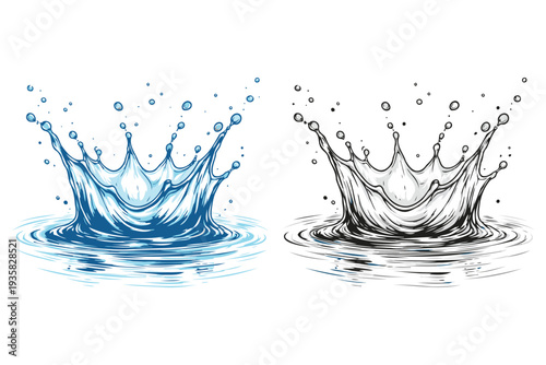 Dual water splashes creating contrasting visual effects in blue and monochrome tones
