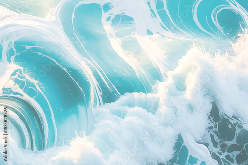 Abstract Turquoise and White Liquid Swirl Background with Fluid Acrylic Texture,Ethereal Sea Foam and Blue Water Ripples Abstract Marble Effect.