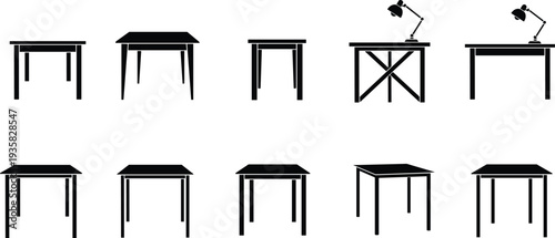 Table silhouettes, furniture design illustration, modern desk shapes, interior decor art, black silhouette tables, home furnishing, workspace furniture, product mockup