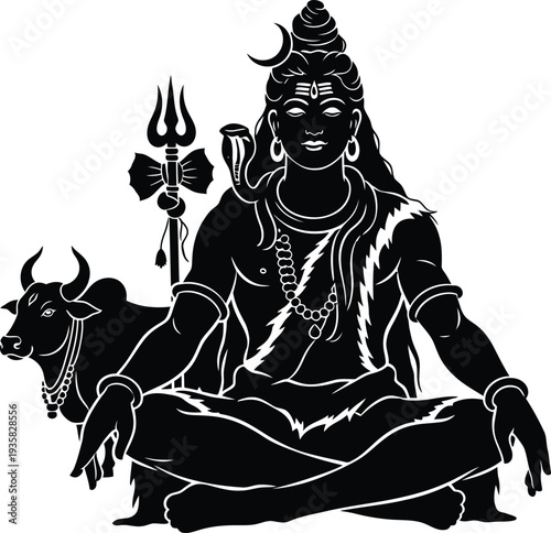 "Black and White Lord Shiva Meditative Silhouette Illustration with Nandi, Trident, Snake, Crescent Moon, and Tiger Skin for Hindu Spiritual Art, Cultural Symbolism, and Religious Iconography Projects