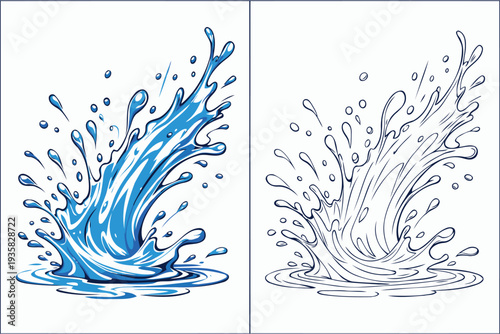 Dynamic illustrations of water splashes and bursts in contrasting artistic styles