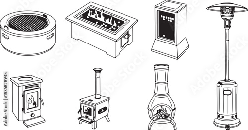 Illustration of camping elements including tent fire mountains and compass