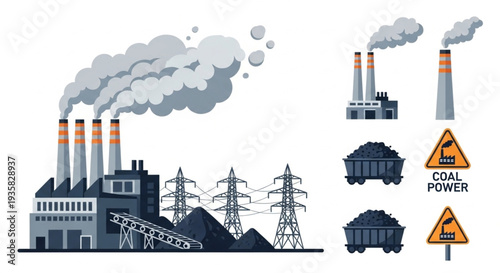 Coal power plant with smoking chimneys and coal wagons.