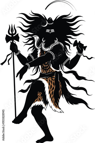 "Black and White Lord Shiva Nataraja Dance Silhouette Illustration with Trident, Damaru, Crescent Moon, and Tiger Skin Garment for Hindu Spiritual Art, Cultural Symbolism, and Religious Iconography Pr